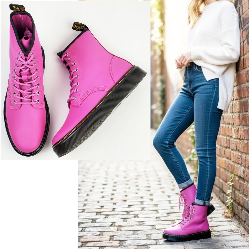 New Dr Martens Zavala combat boots thrift pink leather lace up preppy bohemian